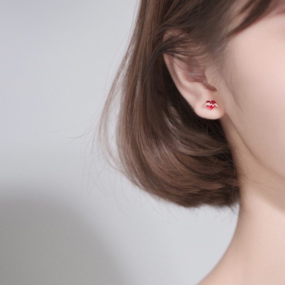 Sterling Silver Valentine Heart Earrings - Rose Gold Red Rhinestone Heart Studs - Picture 3 of 5